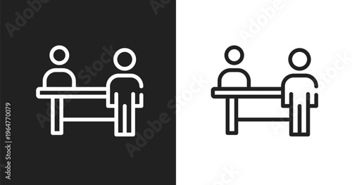 Persons in an airport icon. Linear black, white icon from airport collection. Outline persons in an airport vector. Thin line symbol isolated on white and black background