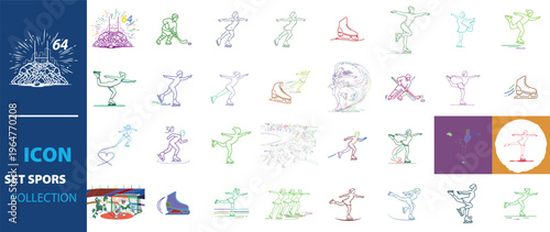 Ice skating and winter sports icon set, 64 colorful line art vector elements, figure skating and hockey athlete silhouettes for winter games