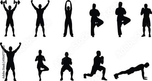 Collection of fitness silhouettes showing strength training yoga boxing and bodyweight exercises including dumbbell lifting stretching lunges push ups and workout poses