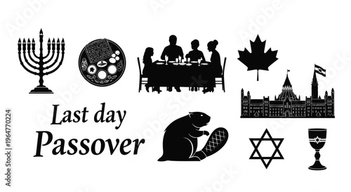 Passover and canadian symbols displayed in a black silhouette style illustration
