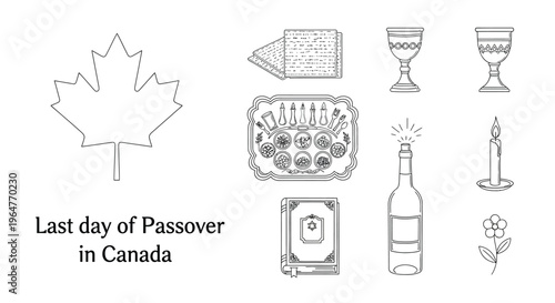 Passover symbols with a canadian maple leaf in a simple line drawing style