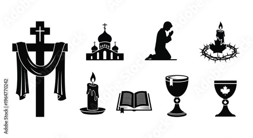 Christian religious symbols a cross church prayer and elements of communion