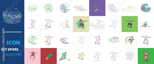 Minimalist extreme sports icon set, colorful line art illustrations of surfing and skateboarding, 32 vector elements for athletic branding