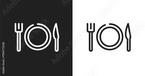 Plate, knife and fork icon. Linear black, white icon from holidays collection. Outline plate, knife and fork vector. Thin line symbol isolated on white and black background