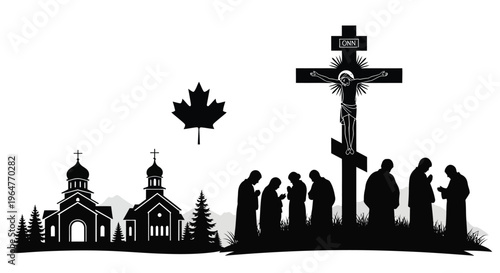 Black and white illustration depicting crucifixion with religious figures and canadian maple leaf