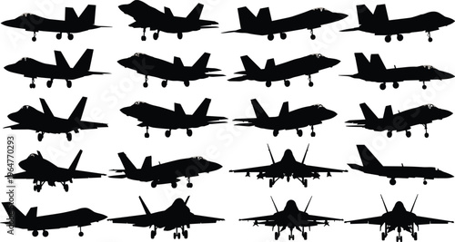 Collection of modern fighter jet silhouettes including supersonic military aircraft and stealth bombers isolated on a white background for graphic design.