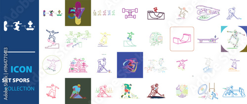 Skateboarding and extreme sports icon set, colorful line art illustrations of skaters and ramps, 32 sports vector icons for urban lifestyle