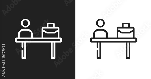 Check in desk icon. Linear black, white icon from airport collection. Outline check in desk vector. Thin line symbol isolated on white and black background