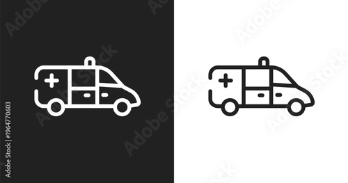 Ambulance side view icon. Linear black, white icon from transporters collection. Outline ambulance side view vector. Thin line symbol isolated on white and black background