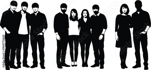 Set of black and white silhouettes featuring groups of young men and women standing together in casual poses isolated on white background.