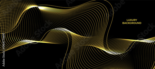 Luxury abstract black background with golden wave line design. Futuristic background of flowing gold lines for banner, poster, cover, brochure, flyer, website