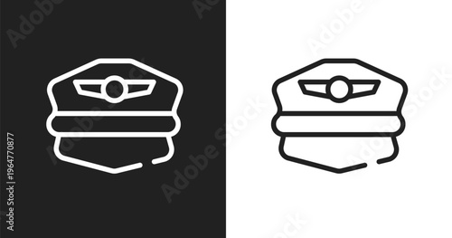 Pilot hat icon. Linear black, white icon from airport collection. Outline pilot hat vector. Thin line symbol isolated on white and black background