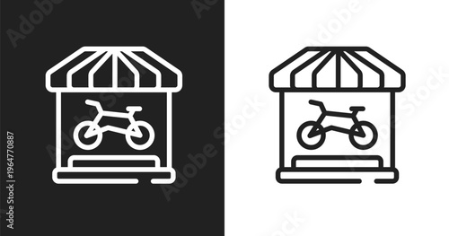 Bike shop icon. Linear black, white icon from bike shop collection. Outline bike shop vector. Thin line symbol isolated on white and black background