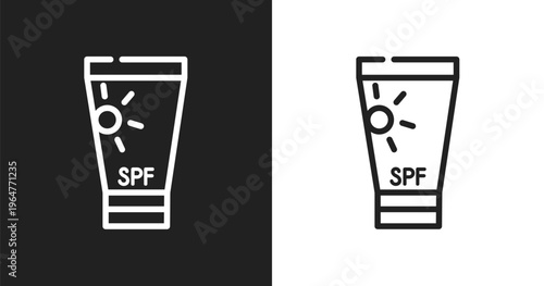 Sunscreen icon. Linear black, white icon from summer collection. Outline sunscreen vector. Thin line symbol isolated on white and black background