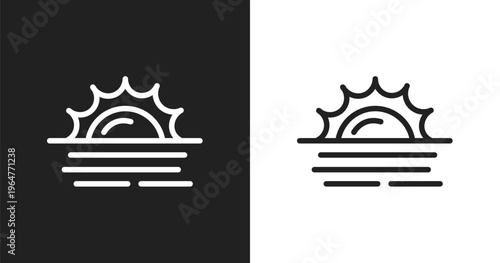 Sunset at sea icon. Linear black, white icon from summer collection. Outline sunset at sea vector. Thin line symbol isolated on white and black background
