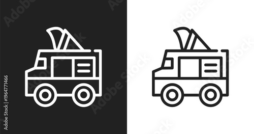 Ice cream van icon. Linear black, white icon from summer collection. Outline ice cream van vector. Thin line symbol isolated on white and black background