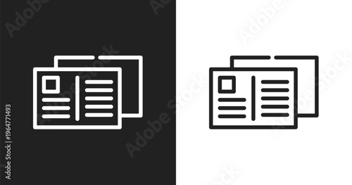 Postcard icon. Linear black, white icon from summer collection. Outline postcard vector. Thin line symbol isolated on white and black background