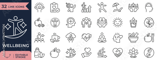Healthy lifestyle mindfulness fitness and self care outline icons for apps
