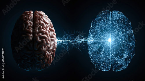 Human brain linked to a glowing digital AI brain by electric energy. Futuristic concept of artificial intelligence, neuroscience, and the connection between human and machine.