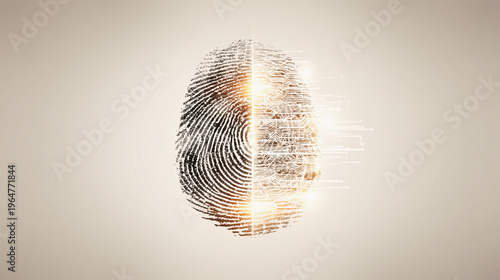 Digital fingerprint scan with glowing data interface on a clean background. Futuristic concept of biometric authentication, cybersecurity, identity protection, and secure access.