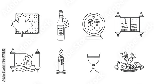 Line art icons depicting jewish cultural and religious symbols and traditions