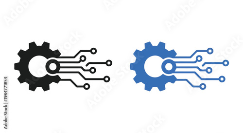 Flat lay of two gear icons with circuit board lines on a white background, one black and one blue, symbolizing technology and innovation.