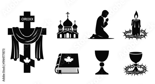 Religious iconography depicting christian symbols including a cross church and praying figure