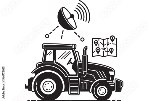 Tractor with satellite navigation system and map display for precision farming featuring agriculture, GPS, vehicle with machine and agricultural