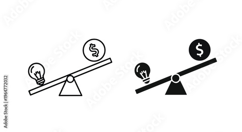 Balance scales comparing a light bulb representing ideas against a dollar sign representing money and investment