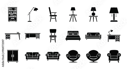 Flat lay of various furniture icons including sofas, chairs, lamps, and tables against a clean white background.