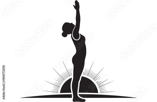 Woman yoga pose silhouette with raised arm and sun background featuring black, exercise, fitness with wellness and meditation elements for health,