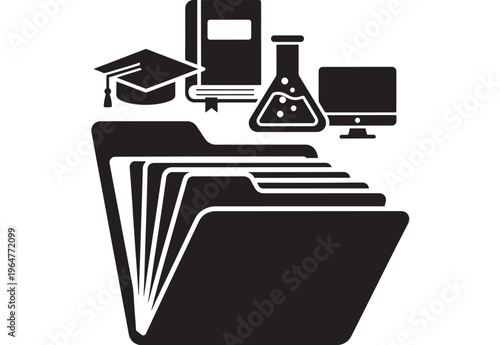 Folder education with graduation cap, book, beaker, and computer on top featuring organization, learning, school with college and university elements