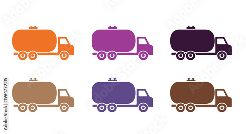 Flat lay of six colorful tanker truck icons in orange, pink, purple, brown, blue, and dark brown on a white background.