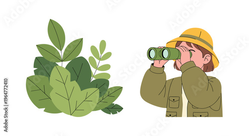 A person in a yellow hat and green jacket is looking through green binoculars next to a large green bush.