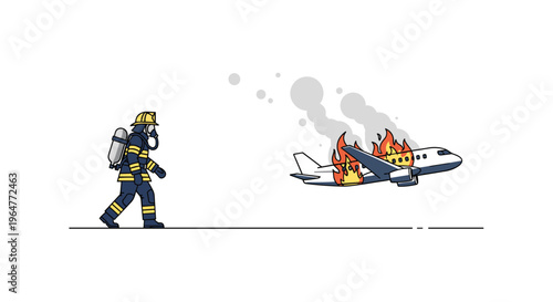 A firefighter in protective gear is walking towards a small white airplane that is engulfed in flames and smoke.
