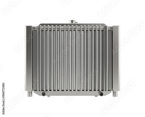 Modern Industrial Heat Exchanger for Efficient Cooling Systems, a High-Quality Metallic Radiator Component Displayed with a Sleek, Pristine Aesthetic