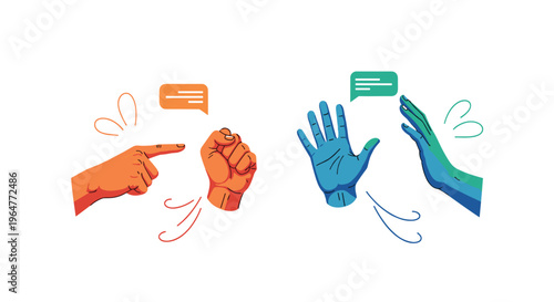 Two sets of stylized hands, one orange and one blue-green, are interacting with speech bubbles on a white background.