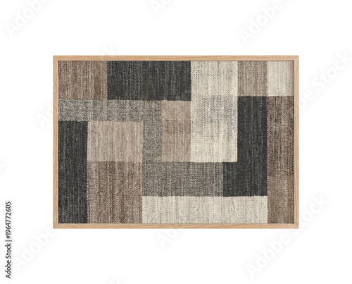 Geometric pattern rug with earth tones and wooden frame, a perfect addition to any modern home decor