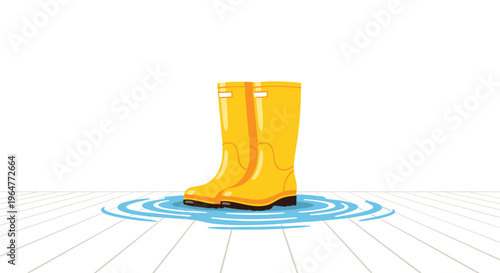 A 2D illustration depicts a pair of yellow rubber boots standing in a circular blue water puddle with ripples on a white wooden floor against a white background.