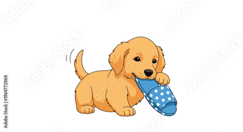 A playful cartoon puppy with floppy ears is holding a blue polka-dotted slipper in its mouth on a white background.