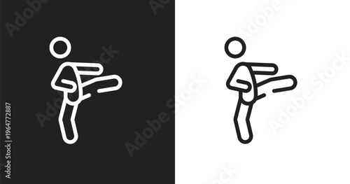 Kicking icon. Linear black, white icon from thai boxing collection. Outline kicking vector. Thin line symbol isolated on white and black background