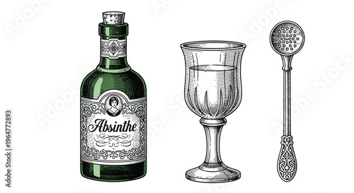 A vintage absinthe bottle, a filled glass, and a decorative spoon are depicted in an engraved style on a white background.