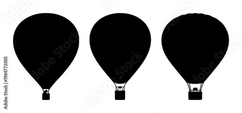 Hot air balloon icon set with solid black vector illustration on white background featuring hot air balloon, balloon shape, aviation icon with black and white and silhouette