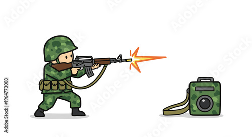 A cartoon soldier in camouflage fires an assault rifle next to a matching camera bag on a stark white background.
