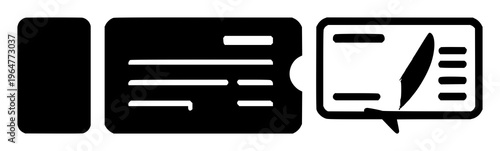 Boarding pass icon set with crisp solid black graphic on pristine white background featuring airline travel, flight ticket, simple line art, icons with travel documents and airport navigation