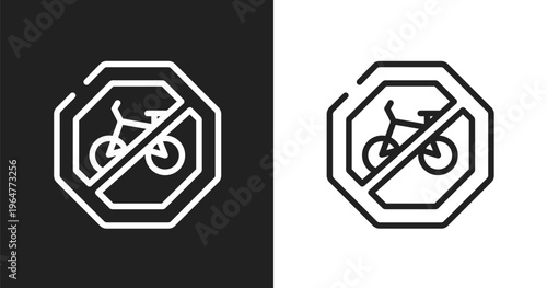 No bicycle icon. Linear black, white icon from signal and prohibitions collection. Outline no bicycle vector. Thin line symbol isolated on white and black background