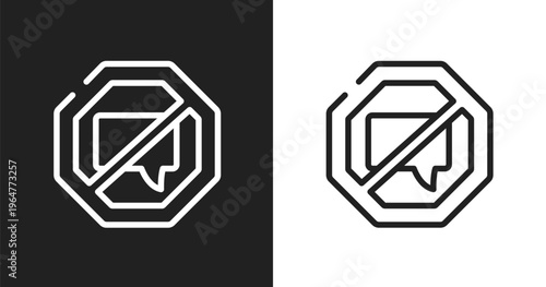 No chatting icon. Linear black, white icon from signal and prohibitions collection. Outline no chatting vector. Thin line symbol isolated on white and black background