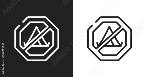 No camping icon. Linear black, white icon from signal and prohibitions collection. Outline no camping vector. Thin line symbol isolated on white and black background