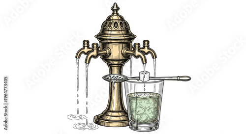 A detailed vintage absinthe fountain drips water onto a sugar cube on a spoon into a glass of green absinthe on a white background.