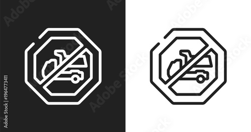 No trucks icon. Linear black, white icon from signal and prohibitions collection. Outline no trucks vector. Thin line symbol isolated on white and black background